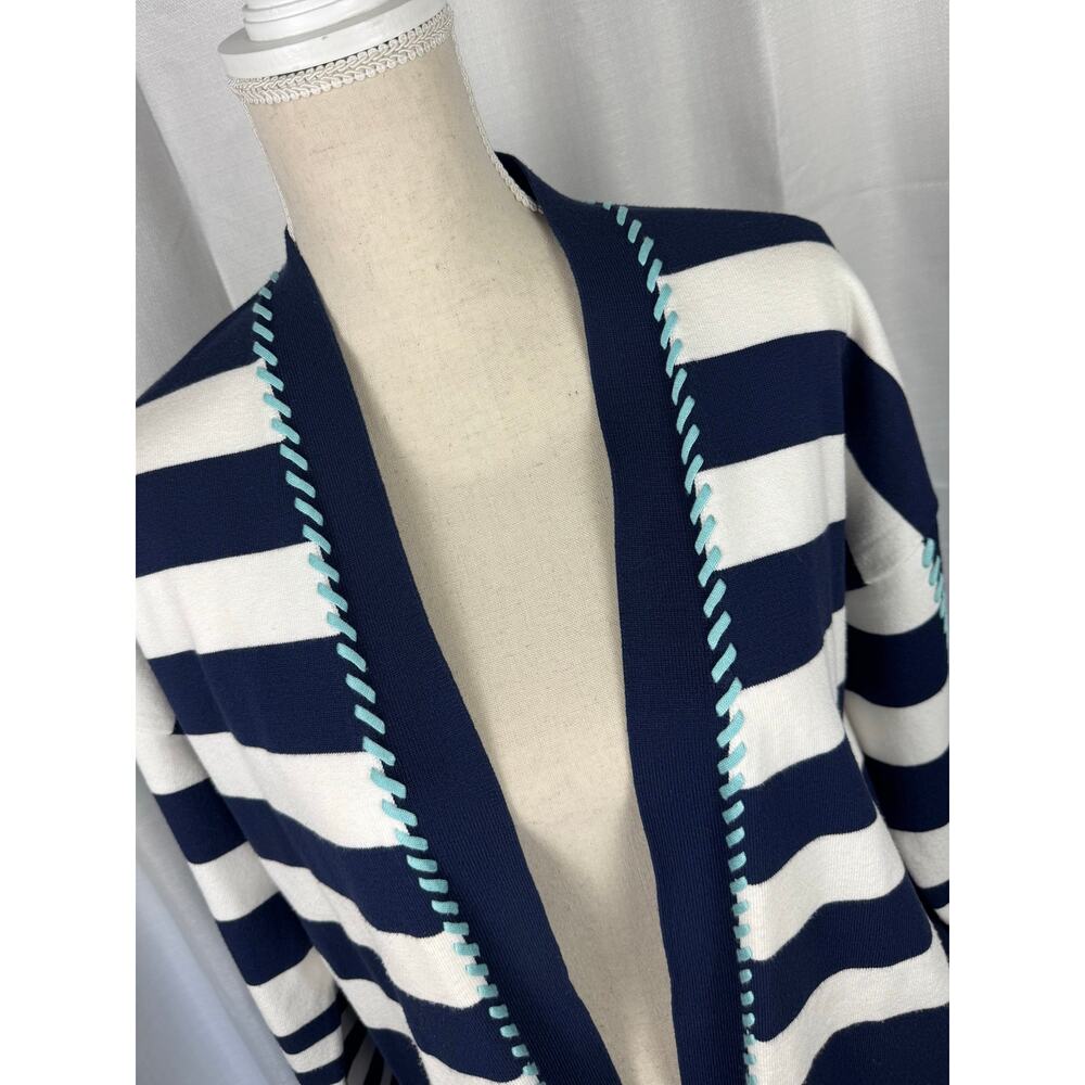 Chico's Striped Cardigan Sweater M Nautical Coastal Grandma Open Front - Picture 3 of 7